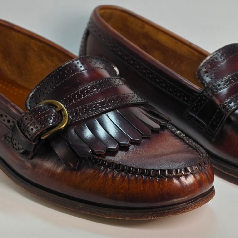 Cole Haan Mens Burgundy Leather Kiltie Monk Strap Wingtip Loafers Made in USA 8 - Picture 9 of 11
